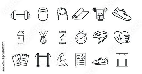 Set of monochrome sport and fitness icons. Perfect for websites, apps, and marketing materials related to healthy living, training, and exercise.