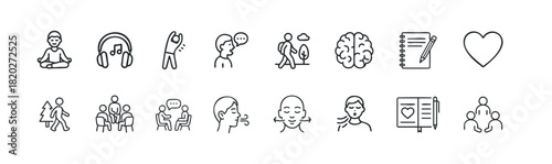 Set of simple line icons for mental wellness and selfcare activities such as meditation, communication, physical activity, and reflection, ideal for health and wellness resources.