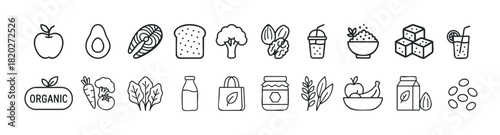 A variety of simple line icons illustrating healthy food items, organic labels, and drinks, perfect for health and wellness related media.