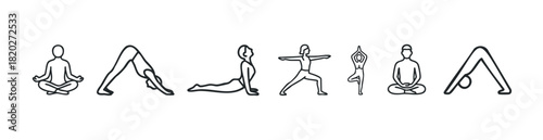 Minimalist line art icons showcase diverse yoga poses and meditation techniques, perfect for wellness, fitness, and lifestyle content.