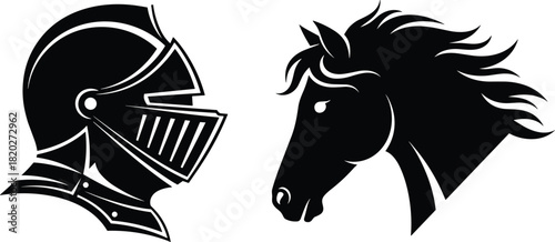 Black silhouette of a knight's helmet and a horse's head facing each other knight helmet