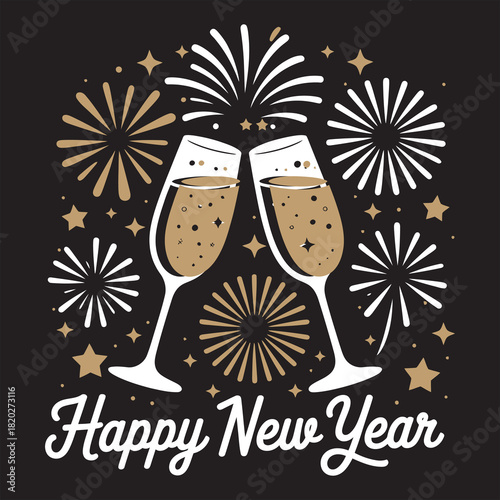 Two champagne flutes clink amid golden fireworks and stars to celebrate a happy new year