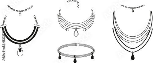 Collection of black and white line art necklaces and bracelets with teardrop pendants