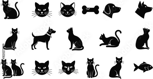 Collection of black cat and dog silhouette icons and illustrations with a bone and fish