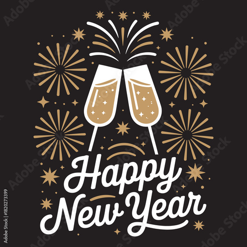 Two champagne flutes clink amidst golden fireworks for a joyous New Year celebration
