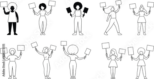 Diverse group of people holding blank signs in protest or demonstration rally activism