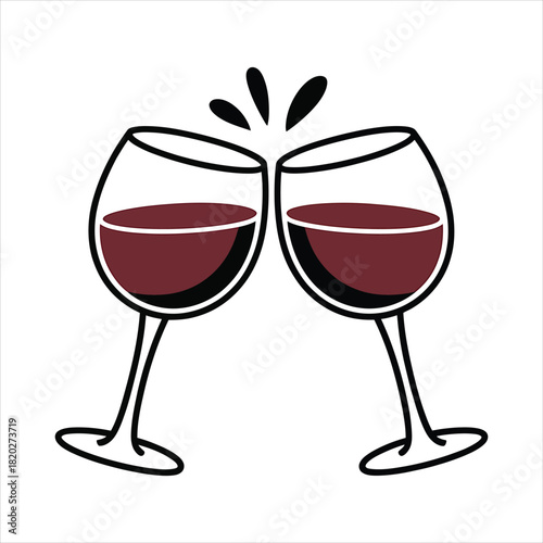 Two red wine glasses with black outline are clinking together in celebration on transparent backdrop