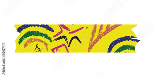 Close-up of a strip of yellow tape adorned with various colorful shapes and lines, creating an abstract and visually appealing design.