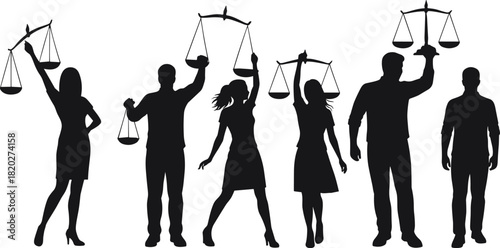 Silhouettes of diverse people holding scales of justice against a white background