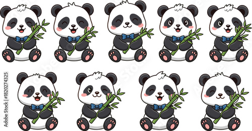 Ten cartoon pandas with blue bow ties holding bamboo stalks in various poses animal