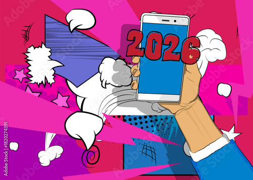 Cartoon Smartphone, comic book Telephone with 2026. Retro vector comics pop art design.