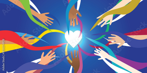A vibrant illustration featuring hands of various skin tones extending towards a bright, central light, representing collaboration, diversity, and shared goals.