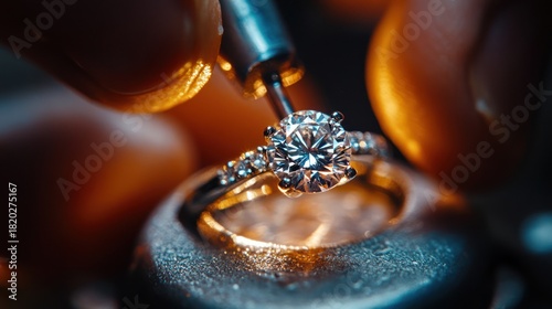 Jeweler Inspecting Brilliant Cut Diamond Engagement Ring, Macro Shot with Tool and Hands