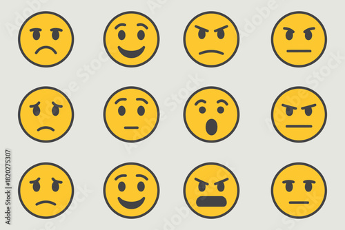 Twelve Yellow Faces, with Different Human Emotions, Cartoon Expression Icons