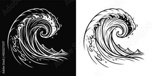 Vintage black and white illustration of a powerful ocean wave crashing with detailed foam and spray, evoking a sense of natures force