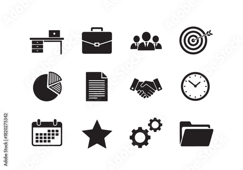 Corporate Icon Set. Corporate Teamwork silhouette icon set: office desk, briefcase, people icons, target, pie chart, document, clock, handshake, calendar, star, gear, folder.