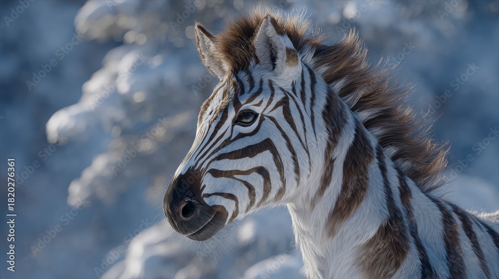 Naklejka premium Close up portrait of a zebra with striking brown and white stripes standing in a snowy environment