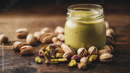 A clear glass jar of smooth pistachio butter sits beside whole and shelled pistachios Generative AI