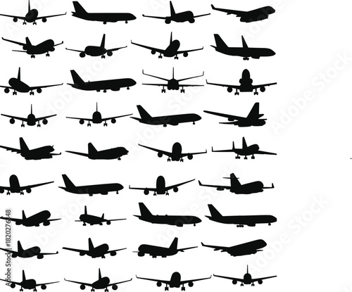 Airplane silhouettes vector illustration set, commercial aircraft shapes collection, passenger jet icons, flying transport aviation symbols, travel design bundle isolated on white.