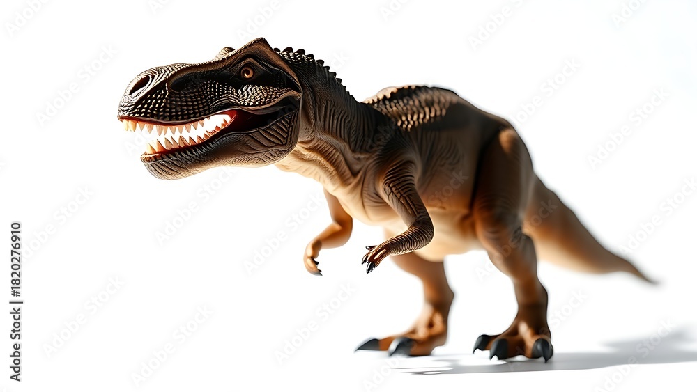 Fototapeta premium T-Rex figurine isolated on white with dramatic lighting, showcasing detailed textures and fierce presence.