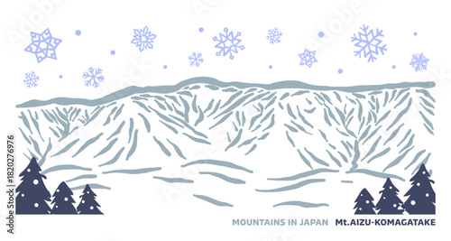 日本の冬の山シリーズ。雪降り積もる、福島県の会津駒ヶ岳。Japan's winter mountain series. Snow falls on Mount Aizu-Komagatake in Fukushima Prefecture.