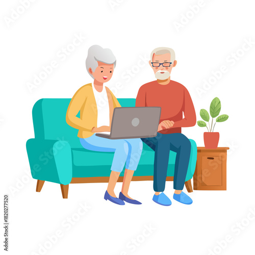 Old couple surfing internet, using technology together. Senior aged man and woman resting with laptop at home, browsing online, sitting on sofa. Flat vector illustration isolated on white background
