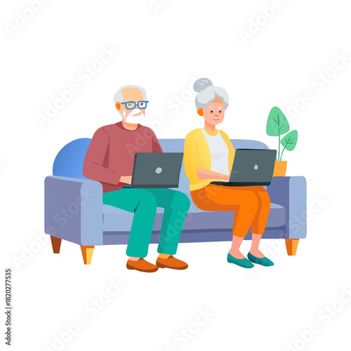Old couple surfing internet, using technology together. Senior aged man and woman resting with laptop at home, browsing online, sitting on sofa. Flat vector illustration isolated on white background
