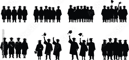 Graduation Day Silhouettes Vector Set of Diverse Students Tossing Caps and Celebrating Academic Success Achievement and Educational Milestones.