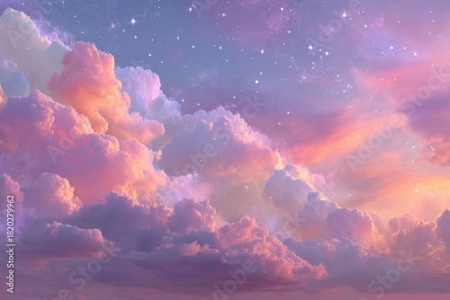 Pastel-colored sky with fluffy clouds and twinkling stars, creating a dreamy, serene atmosphere at sunset