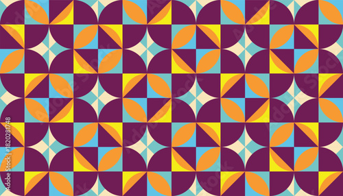 A colorful retro-style pattern composed of semi-circles and star-like diamonds, creating a playful, tiled mosaic in warm and cool hues