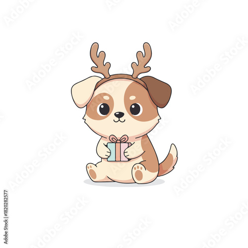A cute cartoon puppy with reindeer antlers sitting and holding a christmas gift on a white background