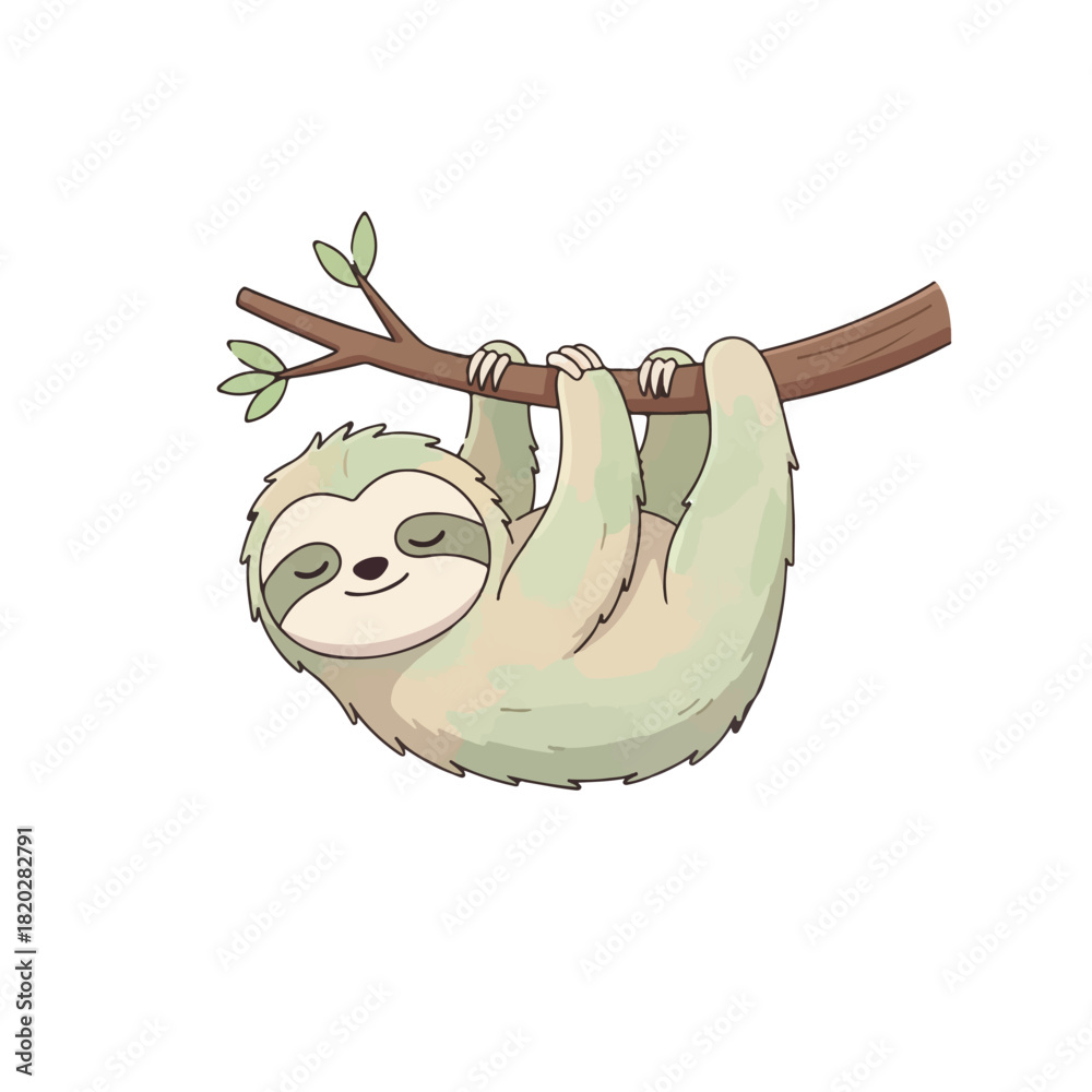 Naklejka premium Cute cartoon sloth hanging from a tree branch with leaves and a happy smiling face