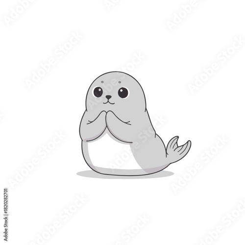 A cute cartoon seal pup with its flippers together in a hopeful pose, isolated on a white background. Adorable kawaii animal character vector illustration.
