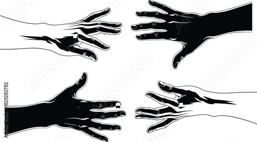 Black and White Human Hands Reaching Vector Illustration Silhouette Outline Graphic Symbol of Connection Help Support Partnership Communication or Conflict.