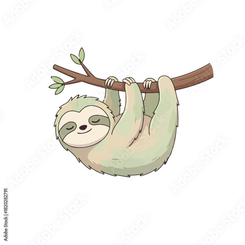Cute cartoon sloth hanging from a tree branch with leaves and a happy smiling face