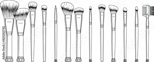 Black and White Outline Drawing of a Professional Makeup Brush Set Collection, Including Powder, Foundation, Eye Shadow and Liner Tools Vector Illustration
