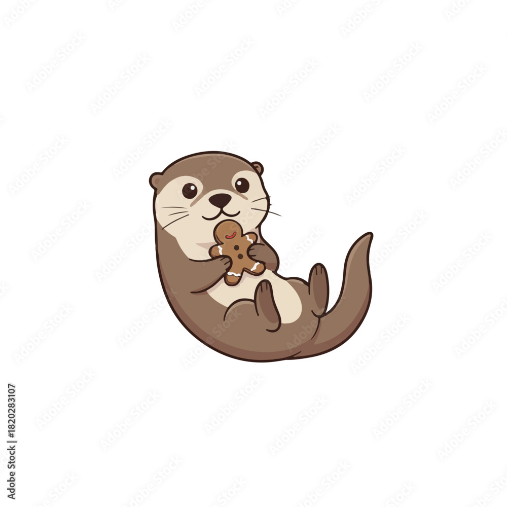 Fototapeta premium Cute cartoon otter floating on its back and holding a festive gingerbread man cookie, isolated on a white background.