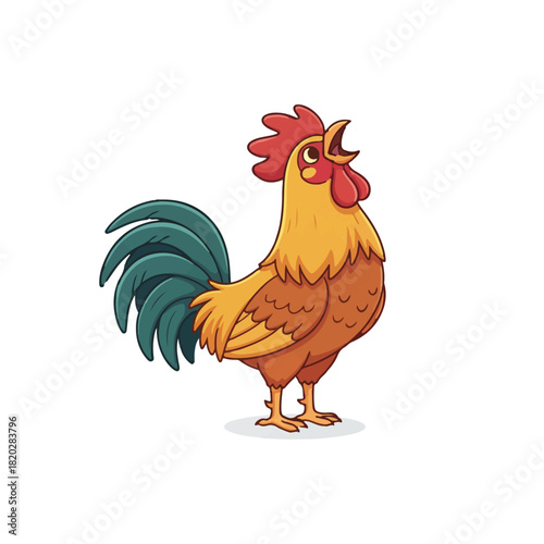 Colorful cartoon rooster character crowing in the morning, a farm bird symbol isolated on a white background.
