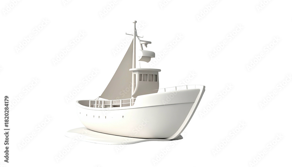 Naklejka premium 3D render of a white cartoon-like boat with a mast, sail, and cabin