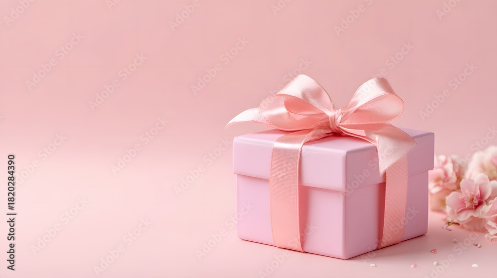 Fototapeta premium Delicate pink present tied with a satin bow rests near soft blooms against a pastel background