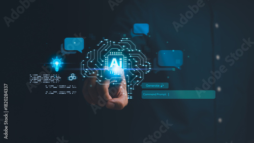 A futuristic interface showing a hand activating an AI chip with glowing circuit patterns and chat icons, symbolizing innovation, machine learning, automation, and intelligent digital transformation.