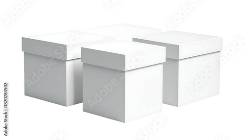 Four white square boxes, lids on, slightly offset against a black background