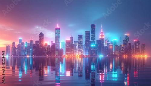 Pastel neon metropolis glowing above a serene waterfront. Futuristic skyline bathed in soft vibrant cyber colors. Radiant cityscape reflecting in calm neon-lit waters