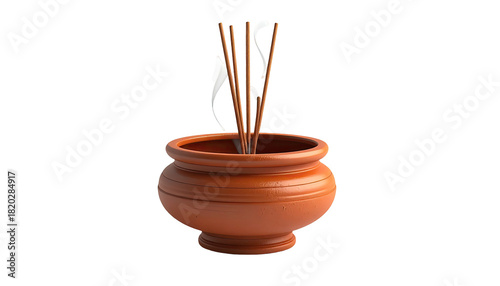 A terracotta pot with burning incense sticks and wisps of smoke against black