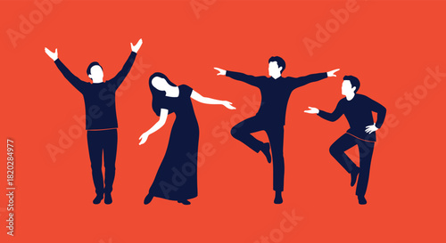 Four stylized figures in silhouette dancing and posing against a vibrant orange background