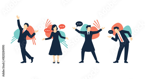 Business people in suits with speech bubbles, gesturing and interacting against a