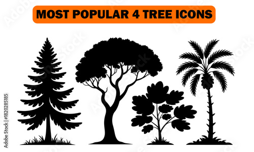 Black silhouettes of different kinds of trees vector illustration evergreen tree broadleaf deciduous tree small tree palm tree for designs.jpg