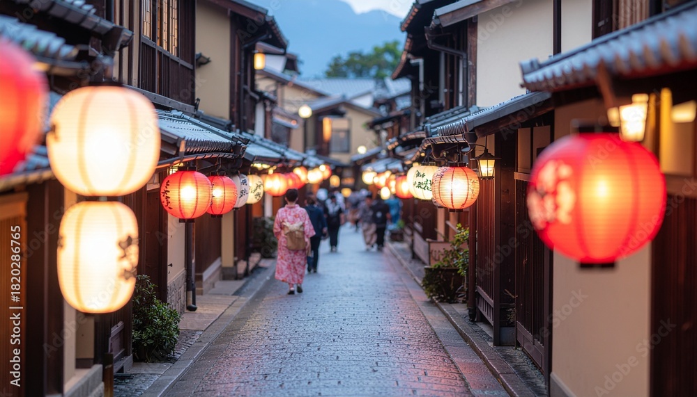 Naklejka premium A woman in a kimono walks down a narrow Japanese street lined with traditional buildings and glowing paper lanterns.