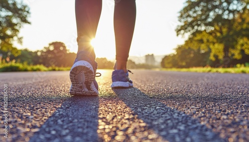 Close-up of a person walking on an asphalt road, sunlight shining between their legs.