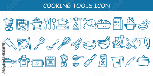 cooking tools icon set in clean line art style featuring kitchen utensils, cookware, appliances, and food prep elements. Perfect for menus, branding, recipe apps, packaging, and trendy culinary design